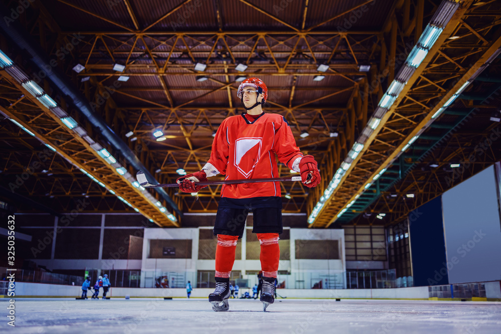 Φωτογραφία Full length of hockey player standing on ice with stick in his hands and waiting for teammates to pass him a puck