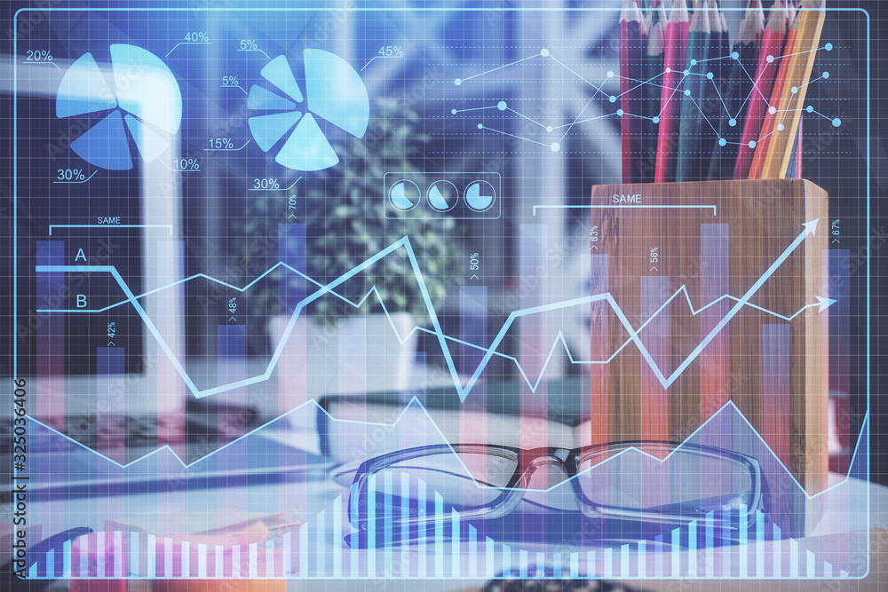 Financial chart hologram with glasses on the table background. Concept of business. Double exposure. Financial chart hologram with glasses on the table background. Concept of business. Double exposure.