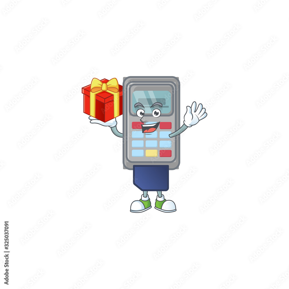 cartoon character of POS machine with a box of gift cartoon character of POS machine with a box of gift