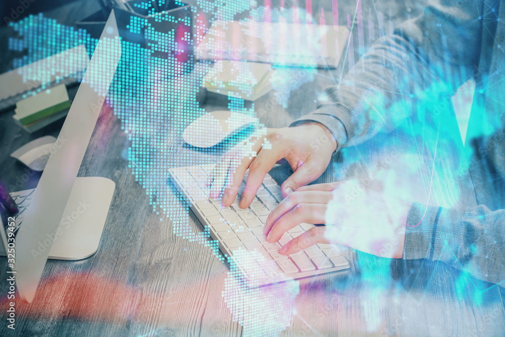 Double exposure of financial graph with man works in office on background. Concept of analysis. Double exposure of financial graph with man works in office on background. Concept of analysis.