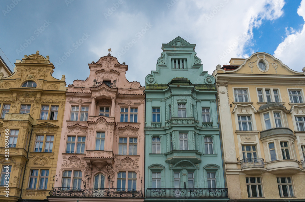 Colorful historic buildings on main square, Pilsen, Czech Republic.