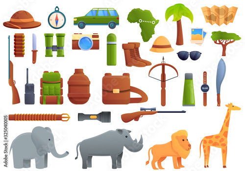 Safari equipment icons set. Cartoon set of safari equipment vector icons for web design