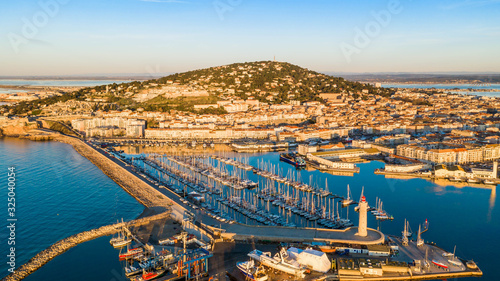 Aerial panorama of the port of Sète in the morning in Hérault in Occitanie, France