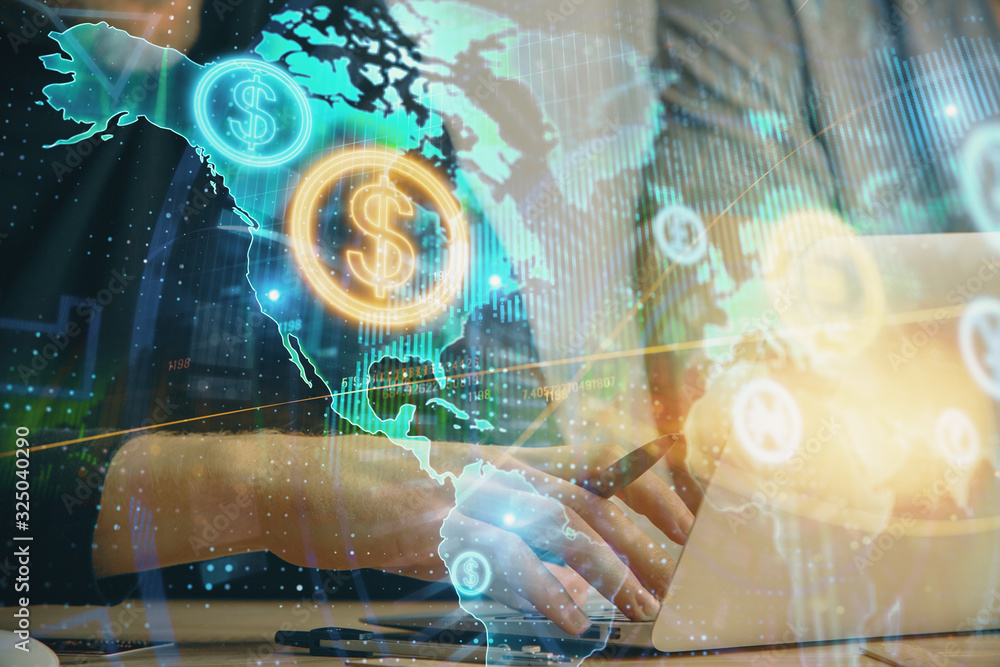 Forex graph with businessman typing on computer in office on background. Concept of analysis. Double exposure. Forex graph with businessman typing on computer in office on background. Concept of analysis. Double exposure.