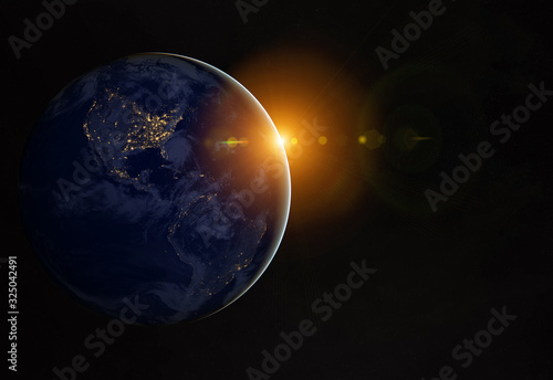 Fototapeta Naklejka Na Ścianę i Meble -  View of planet Earth at night with cities lights on America 3D rendering elements of this image furnished by NASA