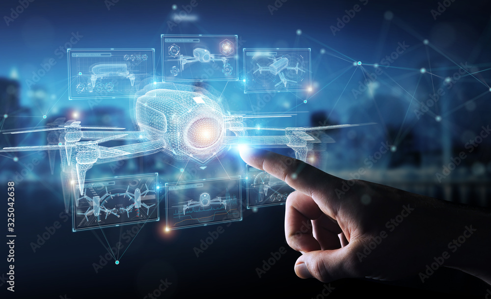Businessman holding and touching holographic drone projection in his fingers 3D rendering Businessman holding and touching holographic drone projection in his fingers 3D rendering