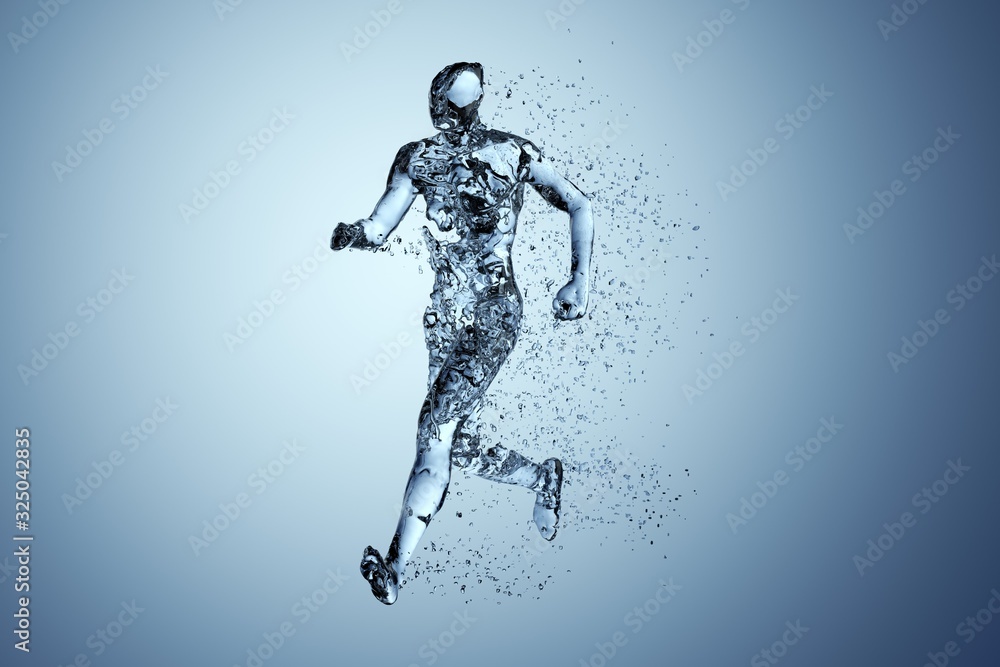 Human body shape of a running man filled with blue water on blue gradient background - sport or fitness hydration, healthy lifestyle or wellness concept Human body shape of a running man filled with blue water on blue gradient background - sport or fitness hydration, healthy lifestyle or wellness concept