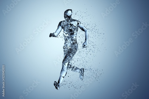 Fényképezés Human body shape of a running man filled with blue water on blue gradient backgr