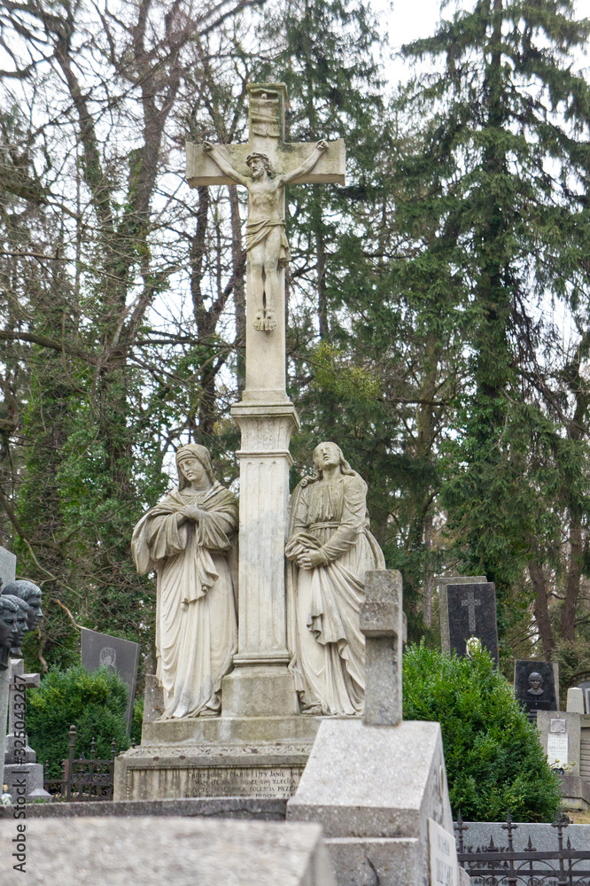 Lviv, Lviv region / Ukraine - February 01, 2020: photo taken on a walk along the Lychakiv cemetery in Lviv. Background for sculptures and monuments. Ancient cemeteries.
