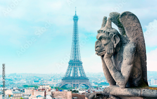 View of Paris with Eiffel Tower and Gargoyle or Chimera of Notre Dame Cathedral, high resolution Picture © Savvapanf Photo ©