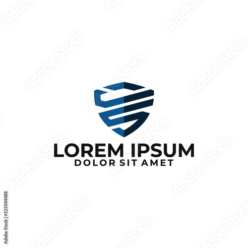 Initial letter JS logo template with shield line art security symbol in flat design monogram illustration