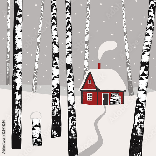 .Winter landscape with birches, cozy warm cabin and firewood. Hand drawn vector illustration.