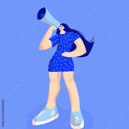 Cartoon vector illustration of portrait  woman shouting with a megaphone.