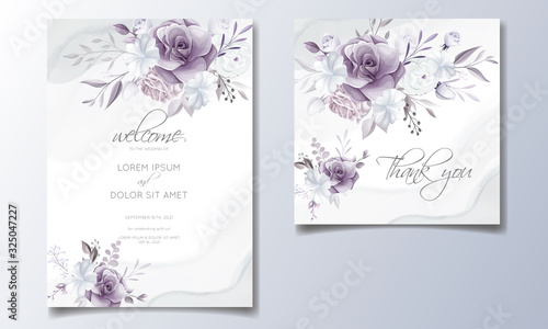Elegant wedding invitation card with beautiful purple and white floral