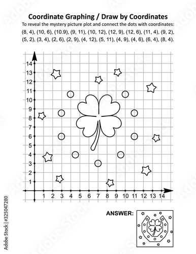 Coordinate graphing, or draw by coordinates, math worksheet with St Patrick's Day mystery picture of horseshoe and clover quatrefoil leaf, symbols of luck. Answer included.