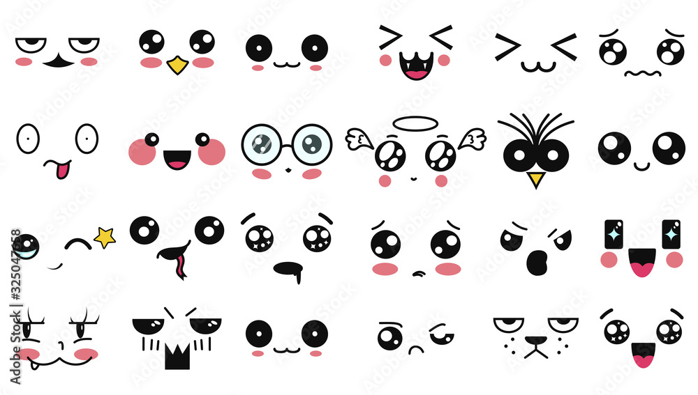 Kawaii cute faces. Funny cartoon japanese emoticon in in different  expressions. Expression anime character and emotion. Social network, print,  Japanese style emoticons, Mobile, chat. kawaii emotions. Stock Vector |  Adobe Stock