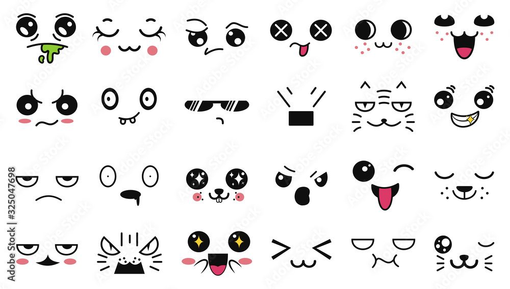 Kawaii cute smiley emoticons and anime emoji faces expressions 素材庫向量圖  Adobe Stock