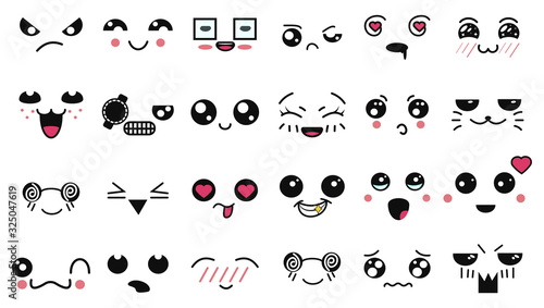 Kawaii cute faces. Funny cartoon japanese emoticon in in different expressions. Expression anime character and emotion. Social network, print, Japanese style emoticons, Mobile, chat. kawaii emotions.