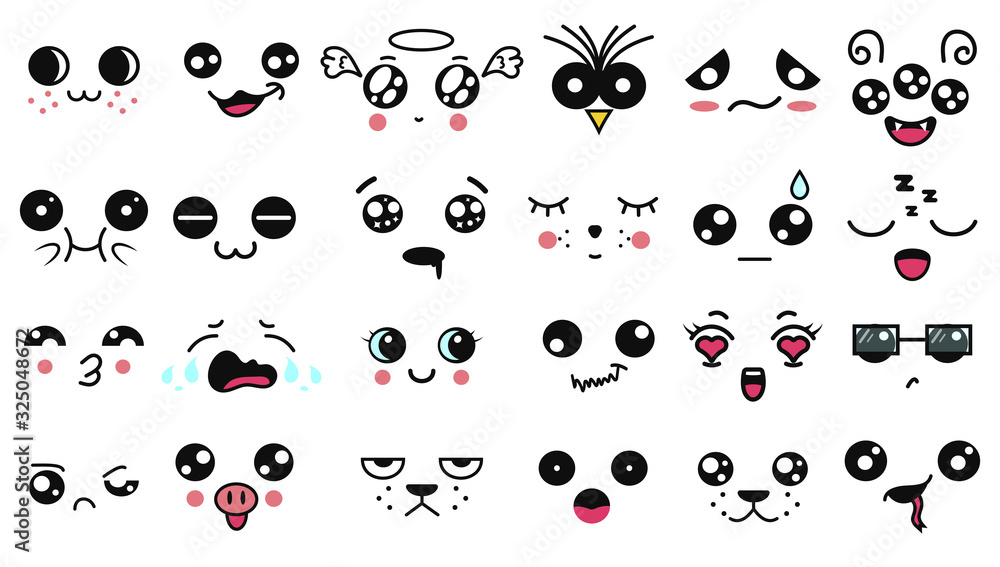Kawaii cute faces. Funny cartoon japanese emoticon in in different  expressions. Expression anime character and emotion. Social network, print,  Japanese style emoticons, Mobile, chat. kawaii emotions. Stock Vector |  Adobe Stock