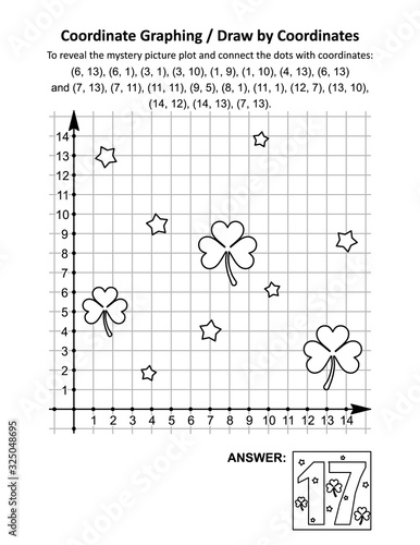 Coordinate graphing, or draw by coordinates, math worksheet with St Patrick's Day mystery picture of number 17 for March seventeenth. Answer included.