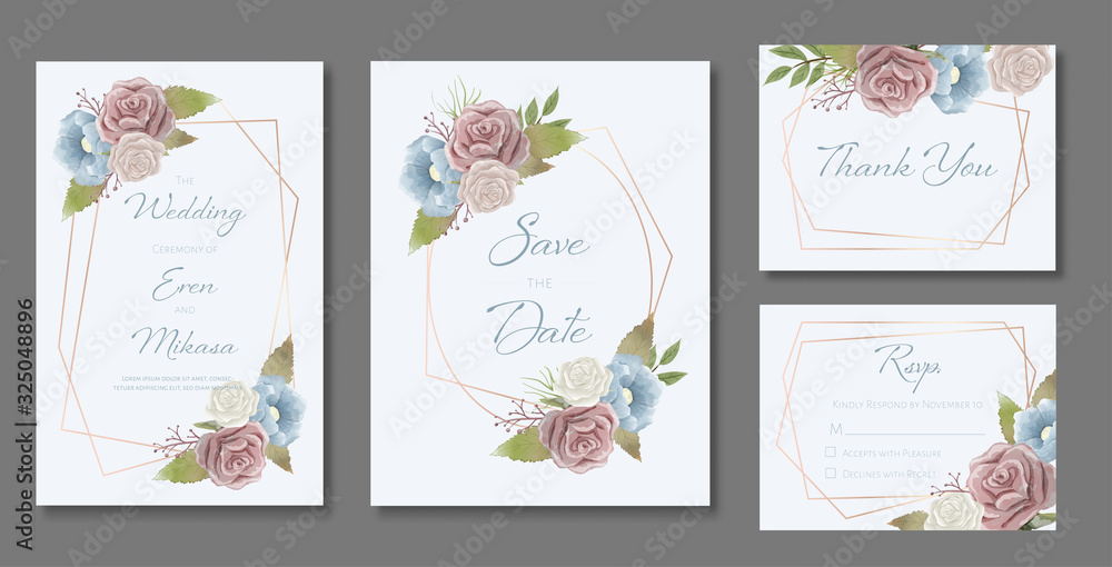 Beautiful set of wedding card templates. Decorated with roses and wild leaves in vintage style.