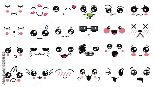 Fototapeta Kawaii cute faces. Funny cartoon japanese emoticon in in different expressions. Expression anime character and emotion. Social network, print, Japanese style emoticons, Mobile, chat. kawaii emotions.