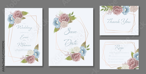 Beautiful set of wedding card templates. Decorated with roses and wild leaves in vintage style.