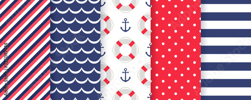Nautical, marine seamless pattern. Vector. Sea backgrounds with stripes, anchor, zigzag, Lifebuoy, polka dot. Set blue summer texture. Abstract geometric print for baby boy shower. Color illustration.