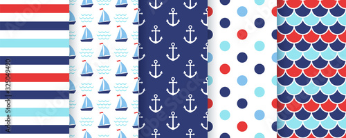 Nautical, marine seamless pattern. Vector. Sea backgrounds with anchor, stripe, yacht, polka dot, fish scale. Set blue summer texture. Geometric print for scrapbooking design. Color illustration