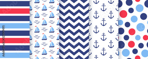 Nautical, marine seamless pattern. Vector. Sea backgrounds with anchor, stripe, sailboat, zigzag and circles. Set blue summer print. Geometric texture for baby shower, scrapbooking. Color illustration