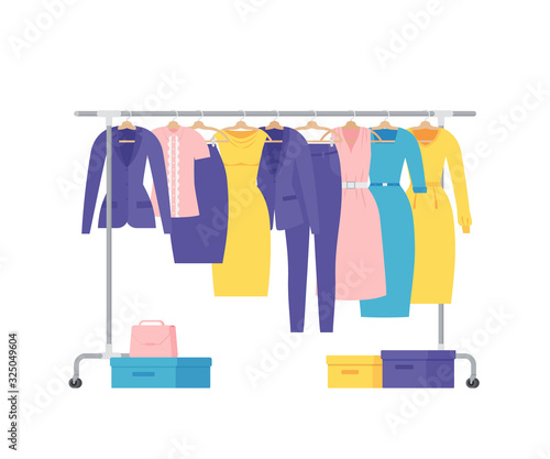 Clothes rack. Vector. Cloth on hangers. Show room. Business women clothing on white background. Jacket, skirt, blouse, pants and dresses in flat design. Cartoon illustration.