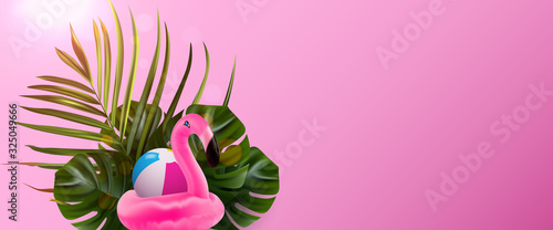 Flamingo vector banner. Floral jungle palm background. Summer tropical bird. Floral illustration. Colorful flamingo vector