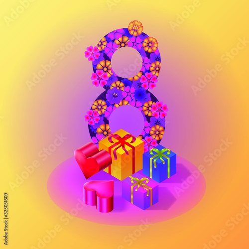 Vector march 8 congratulation isometric decorations with gifts and hearts