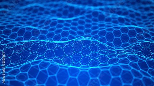 Abstract futuristic blue hexagon background. Big data visualization. Digital dynamic wave. 3D rendering.