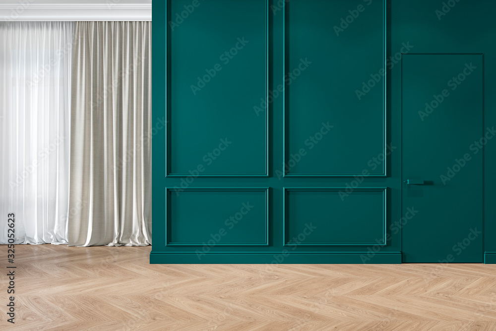 Modern classic green interior blank wall with moldings, curtains, hiden door and wood floor. 3d render illustration mock up. Modern classic green interior blank wall with moldings, curtains, hiden door and wood floor. 3d render illustration mock up.