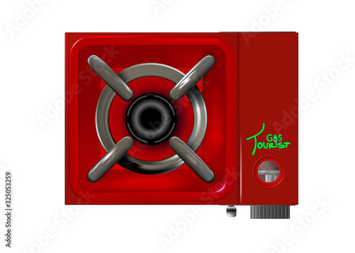 Portable red camping gas stove. Tourist table-top burner isolated on white background. Realistic mockup design for mobile kitchen and picnic, fishing, hunting. Vector illustration.