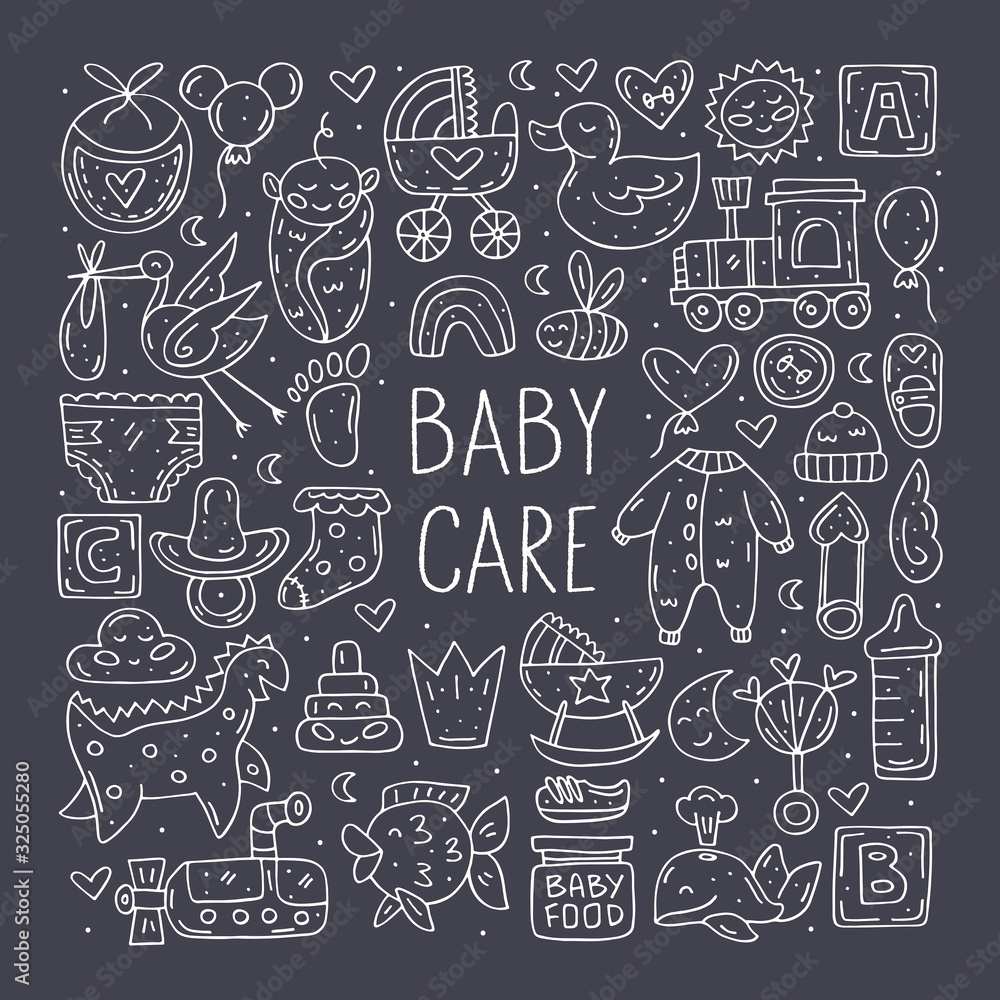 Baby care cute hand drawn doodle vector clip art, stickers, icons, set of design elements. Chalkboard monochrome design. Isolated on white background. Easy to change color. Decorative elements. Baby care cute hand drawn doodle vector clip art, stickers, icons, set of design elements. Chalkboard monochrome design. Isolated on white background. Easy to change color. Decorative elements.