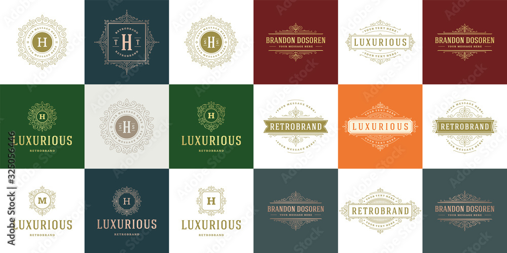 Naklejka premium Vintage zestaw szablonów logo, wektor kwitnie kaligraficzne eleganckie ozdoby, ramki i obramowania.