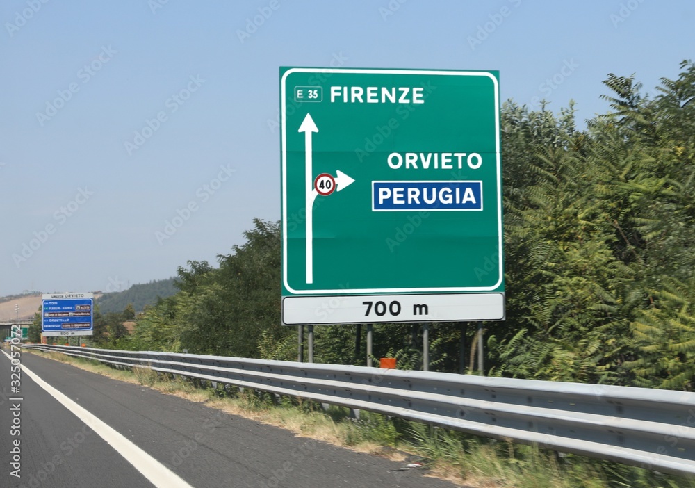 Traffic sign on the italian highway Traffic sign on the italian highway