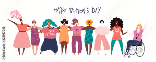 Hand drawn vector illustration of diverse modern girls together. Isolated people on white. Flat style design. Concept, element for feminism, womens day card, poster, banner. Female cartoon characters.