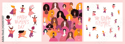 Set of womens day card, banner designs with beautiful diverse women and quotes. Hand drawn vector illustration. Flat style. Concept, element for feminism, girl power. Female cartoon characters.