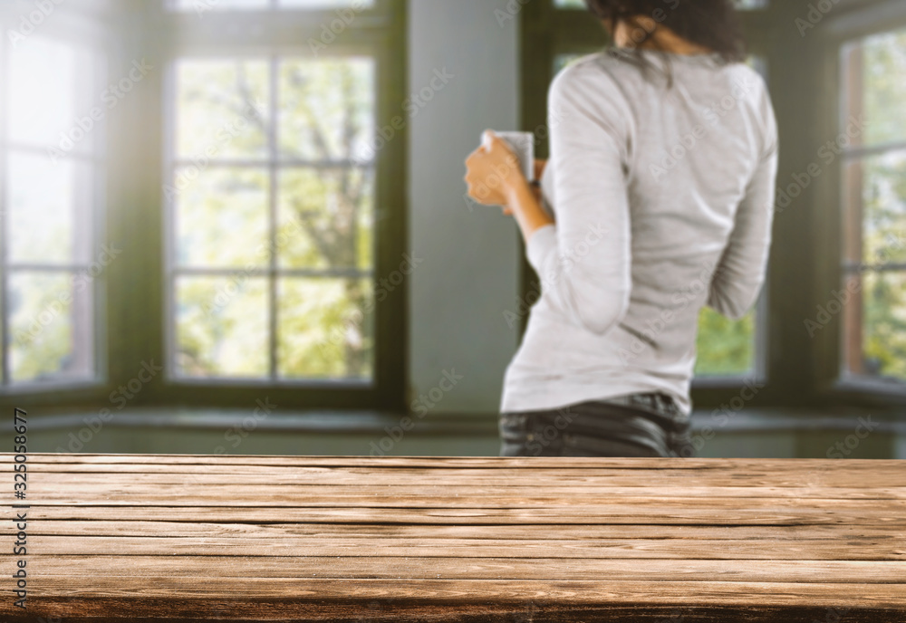 desk of free space and spring window background desk of free space and spring window background