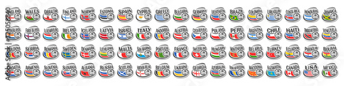 Vector set of Soccer Icons with national flags and soccer balls, collection of 72 football sport sings for european and american soccer tournament isolated on white background. photo