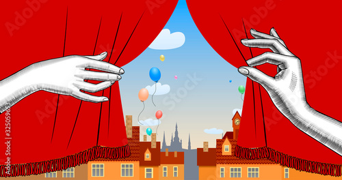 Puppet show booth with theater masks, red curtain