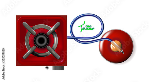 Portable red camping gas stove with cylinder. Tourist table-top burner isolated on white background. Realistic mockup design for mobile kitchen and picnic, fishing, hunting. Vector illustration.