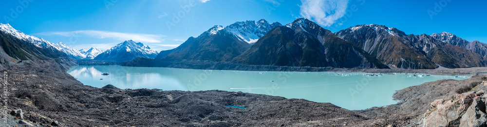 Panorama Glacier Lake with snowy mountains New Zealand