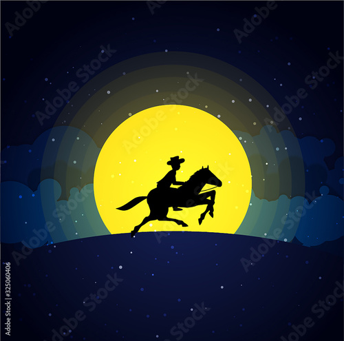American Cowboy with horse Wild West Moon night landscape background