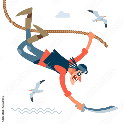A crazy pirate in a red shirt flies from above, bravely attacking the enemy. Vector illustration of flat cartoon on white background.
