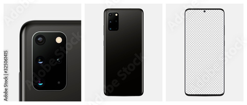 Mock-up smartphone Black color. Back side smartphone with camera and blank screen smartphone for your design. Vector illustration EPS10 
