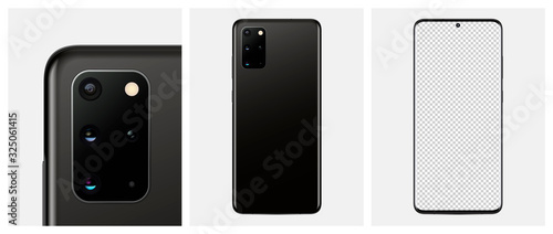 Mock-up smartphone Black color. Back side smartphone with camera and blank screen smartphone for your design. Vector illustration EPS10	
